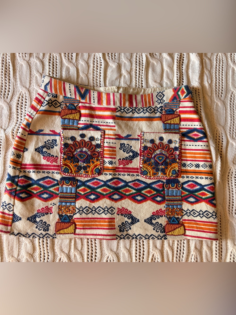 Calypso St. Barth Cream Mini Skirt with Multicolor Embroidered Tribal Pattern